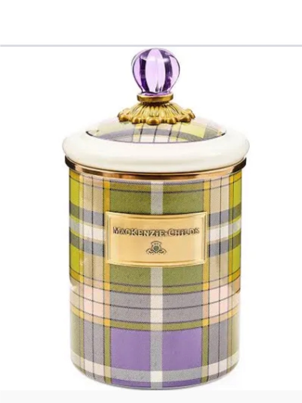 MacKenzie-Childs Lavender and Green Plaid Decorative Canister with Gold Accents